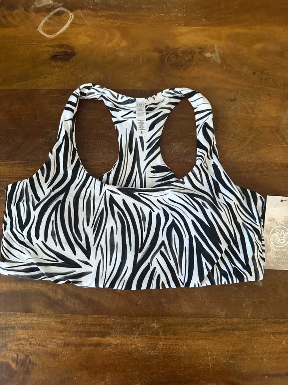 Sage Collective Zebra Print Racerback Sports Bra - Black & White size L NWT